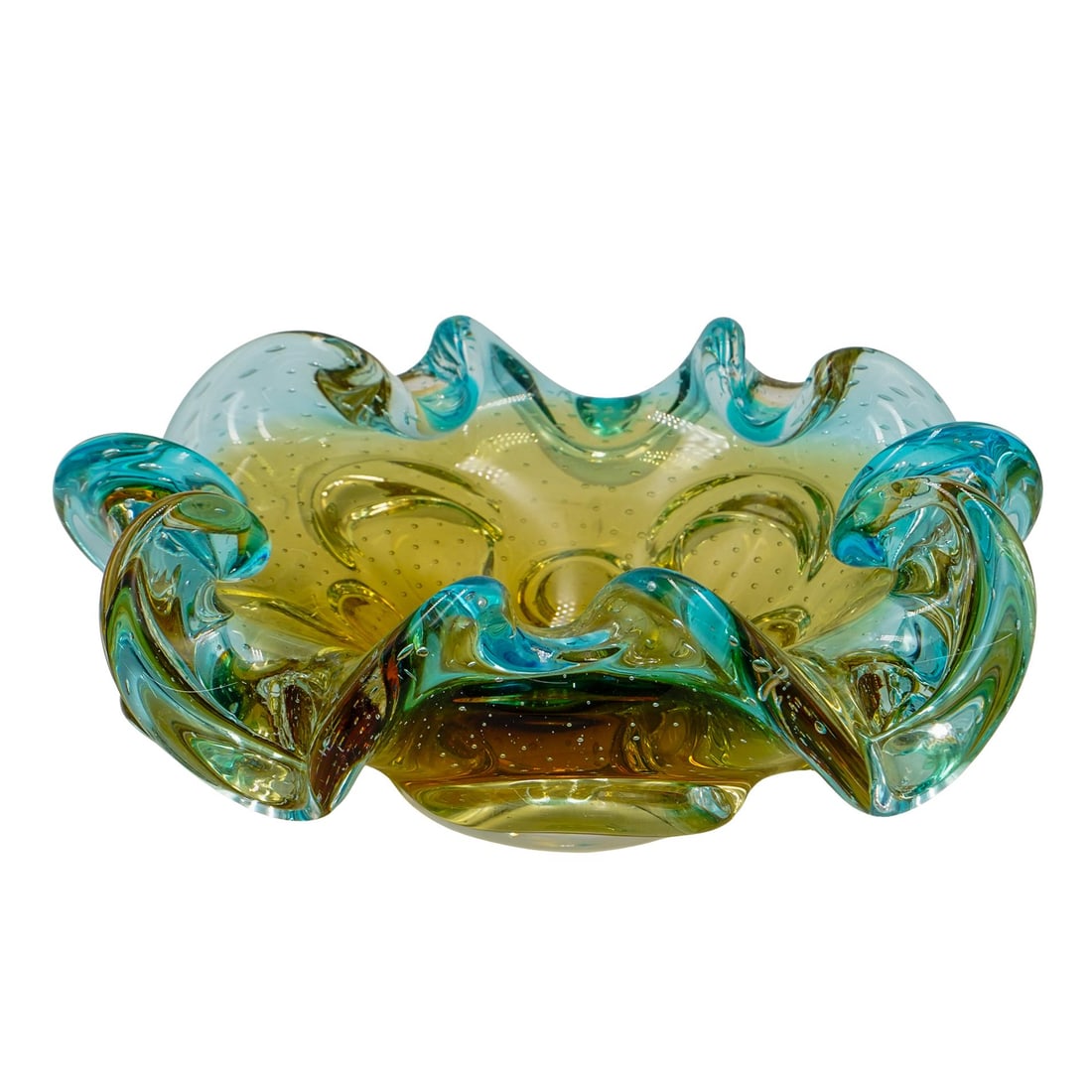 Vintage Murano Glass Bullicante Bowl: Vintage Murano Glass Bullicante Bowl Late 20th Cent, Italy A Vintage Murano glass bullicante bowl possibly seguso, features a handkerchief rim, tones of teal and gold hues with controlled bubble desig