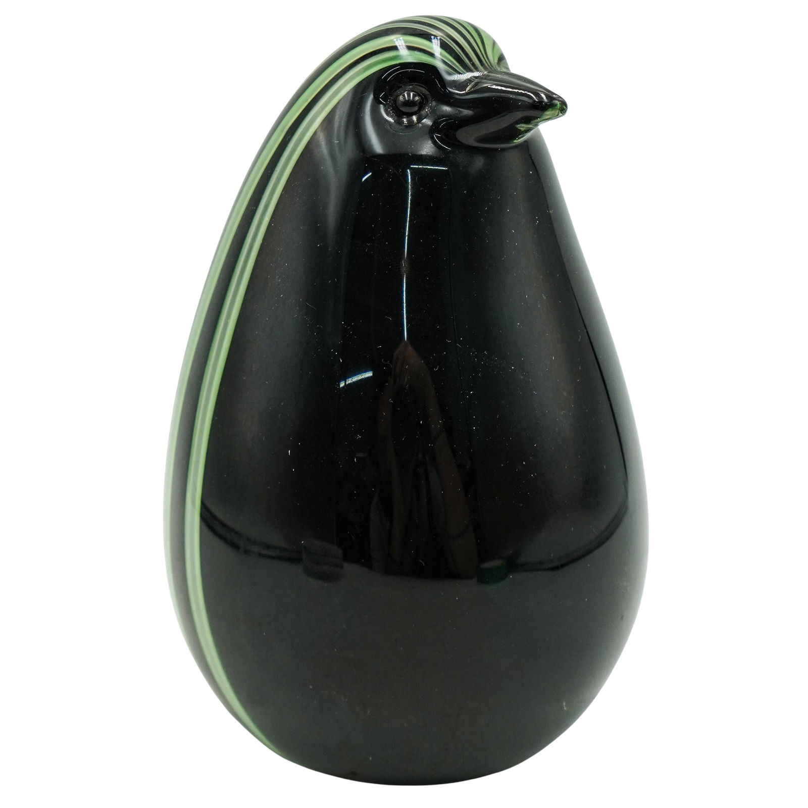 Livio Seguso Style Murano Glass Bird: Livio Seguso Style Murano Glass BirdLate 20th Cent, ItalyMurano glass bird features a black foundation with stripes of green along the back.H: 6.5" W: 4.5"