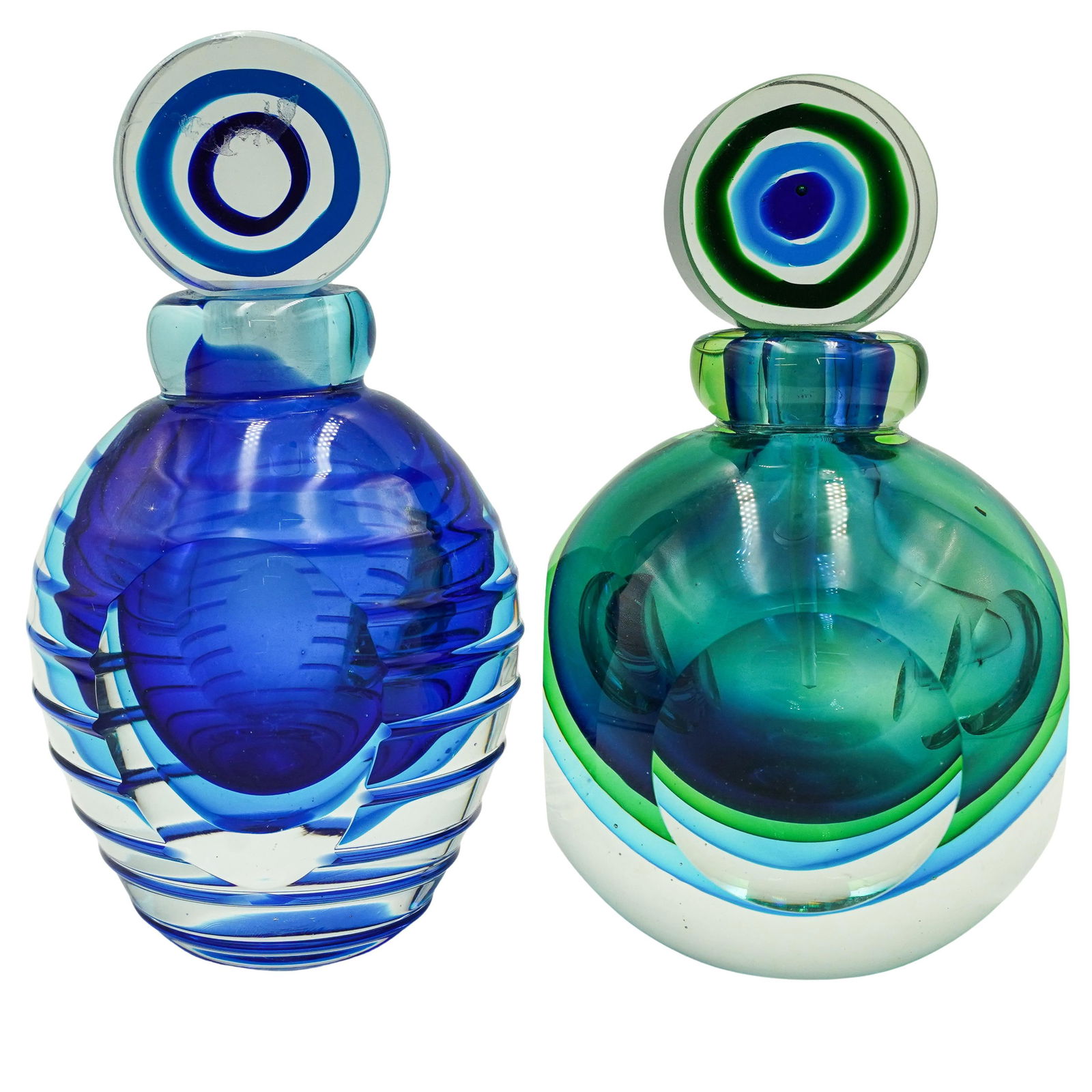 Luigi Onesto Style Murano Glass Perfume Bottles: Luigi Onesto Style Murano Glass Perfume BottlesLate 20th Cent, ItalyLuigi Onesto style Murano glass perfume bottles, each features sommerso design with hues of green and blue, accented with a multifac