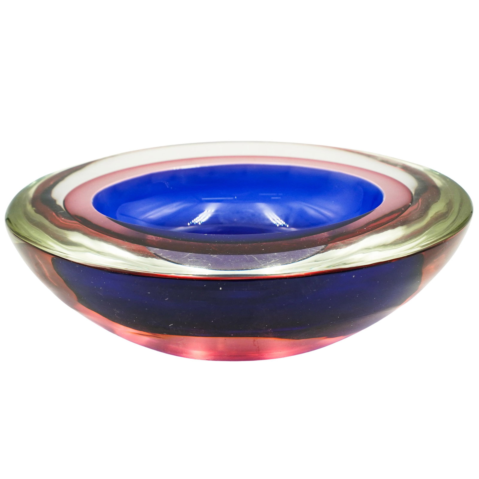 Vintage Murano Glass Sommerso Bowl: Vintage Murano Glass Sommerso Bowl Late 20th Cent, Italy Murano glass sommerso bowl features blue, red and clear hues. H: 2.5" W: 7.25" L: 6"