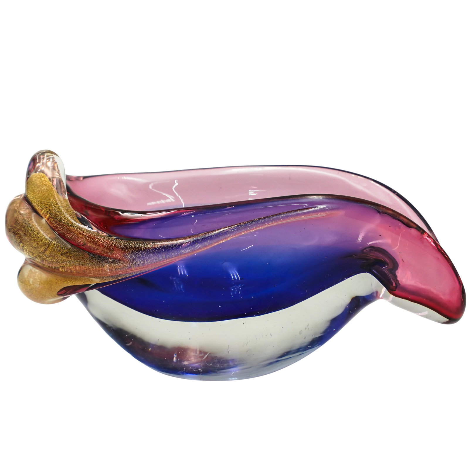 Murano Glass Gold Speck Bowl: Murano Glass Gold Speck Bowl Late 20th Cent, Italy Murano glass bowl features a fusion of burgundy and blue hues, decorated along the side with a gold speck wavering rim. H: 3.5" W: 7.5" x 3.75"