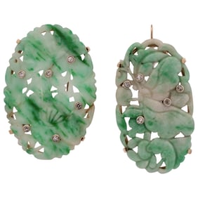 Pair of 14k Gold Jadeite and Diamond Brooches
