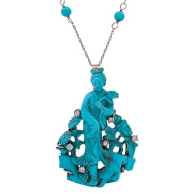 14k Gold Turquoise and Diamond Guanyin Necklace