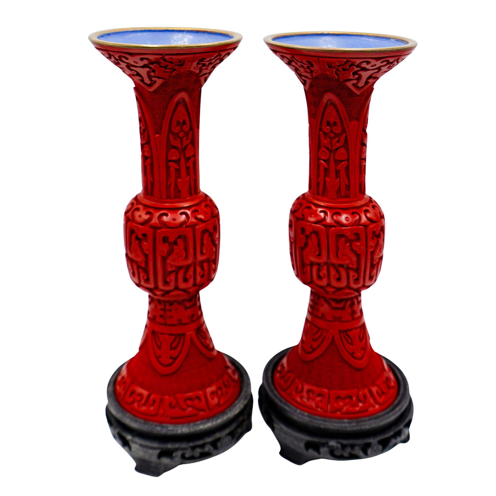 Pair of Chinese Carved Cinnabar Vases (1 of 7)