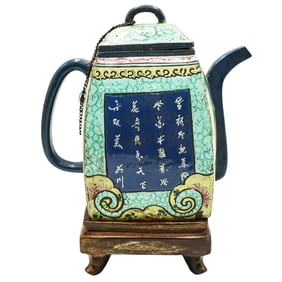 Antique Zisha Famille Verte Porcelain Teapot and Stand