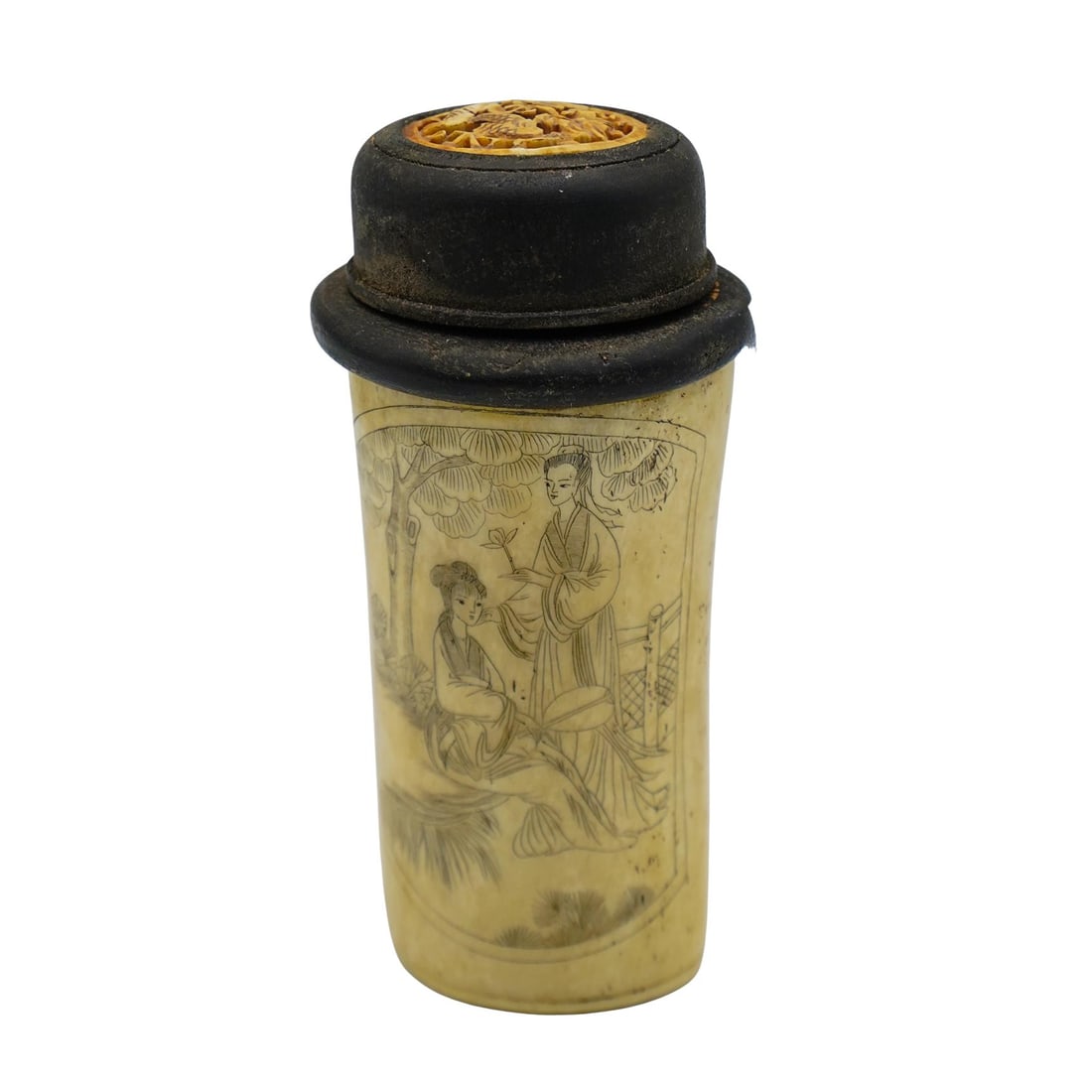 Chinese Carved Bone Cricket Box: Chinese Carved Bone Cricket Box20th century, ChinaThe main body is made of carved bone and features engravings on both sides depicting scenes with traditionally dressed figures from Chinese culture. I