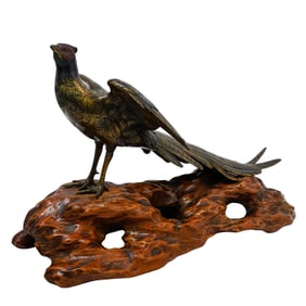 Antique Japanese Meiji Bronze Pheasant Sculpture, signed