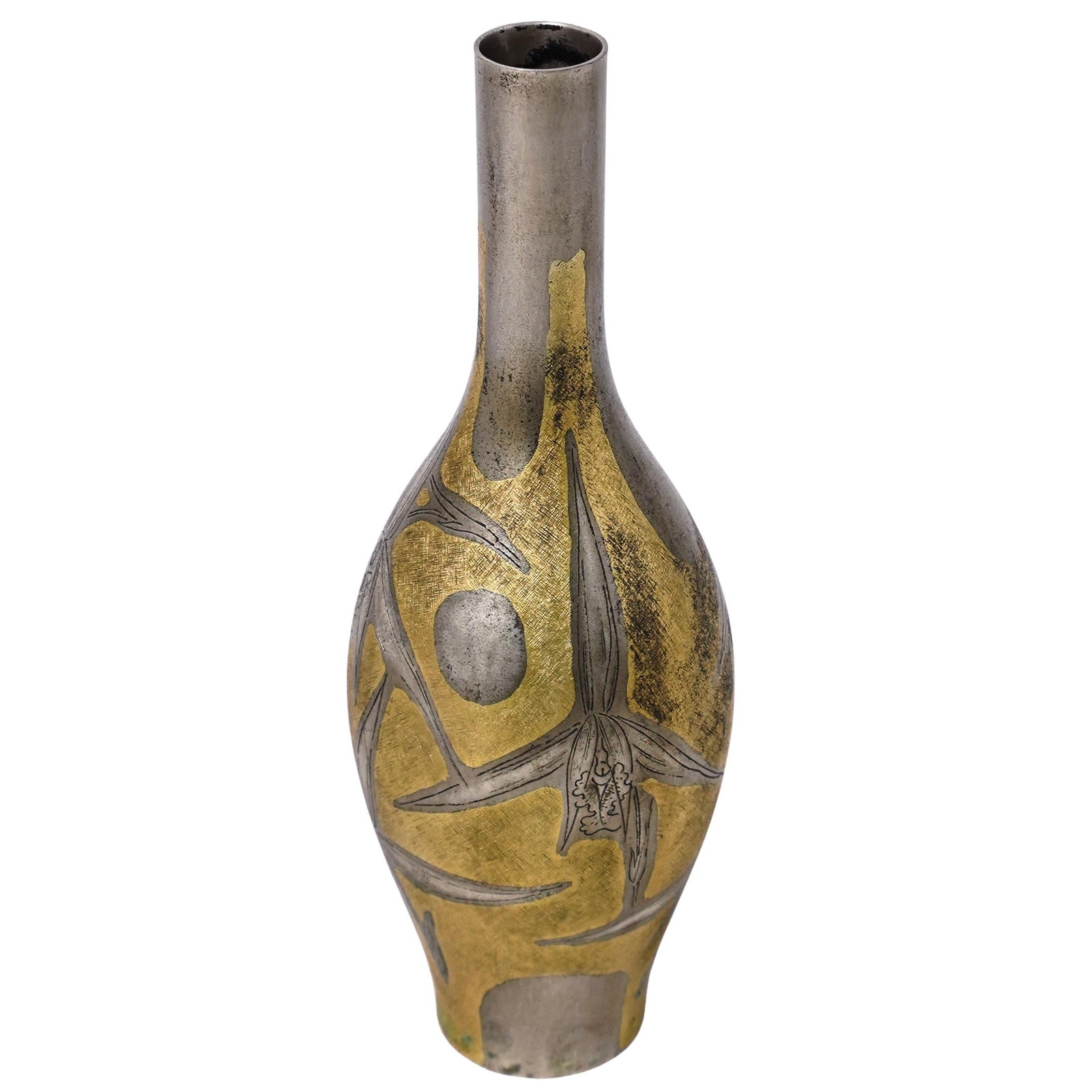 Japanese Mixed Metal Floral Vase: Japanese Mixed Metal Floral Vase Mod to Late 20th Century, Japan Japanese mixed metal vase, featuring floral motifs, etched in silver and gold tones. Stamped underside base with maker's mark. H: 9.75"