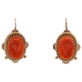 10k Gold and Coral Cameo Earrings