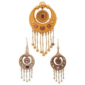 (3 Pc) Etruscan Revival 18k Gold Garnet and Pearl