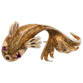 Signed 14k Gold and Ruby Fish Brooch