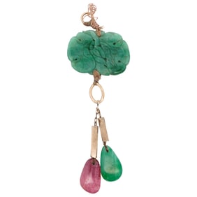 10k Gold Carved Jade and Pink Tourmaline Pendant
