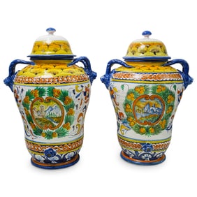 Pair of Vintage Tuscan Majolica Ceramic Urns