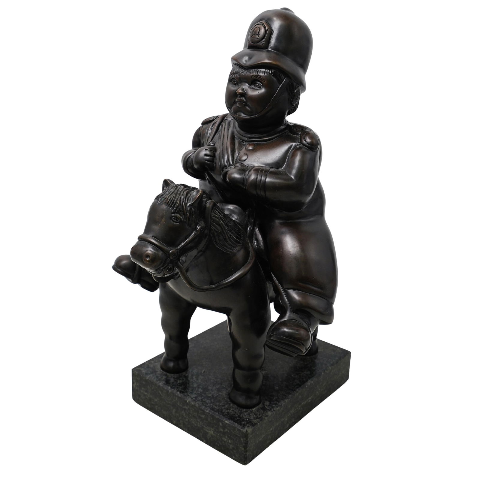 After Fernando Botero Bronze Sculptures: After Fernando Botero Bronze Sculptures20th century, ItalyA bronze sculpture on a marble base, depicting a figure in a police or military uniform riding a horse with exaggerated, voluminous forms. It