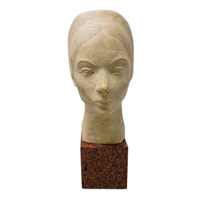 Art Deco Female Carved Stone Bust on Granite Base