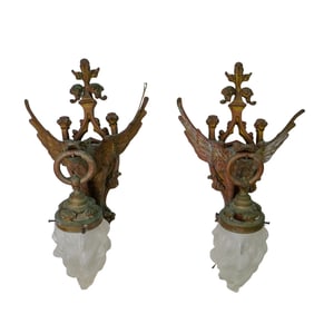 Pair of Gilt Bronze and Glass Dragon Sconces