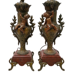 Pair of Antique Spelter & Bronze Lamps with Marble Bases