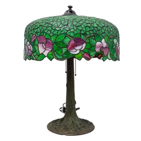 Antique Bronze Phillipe Semmer Leaded Glass Table Lamp