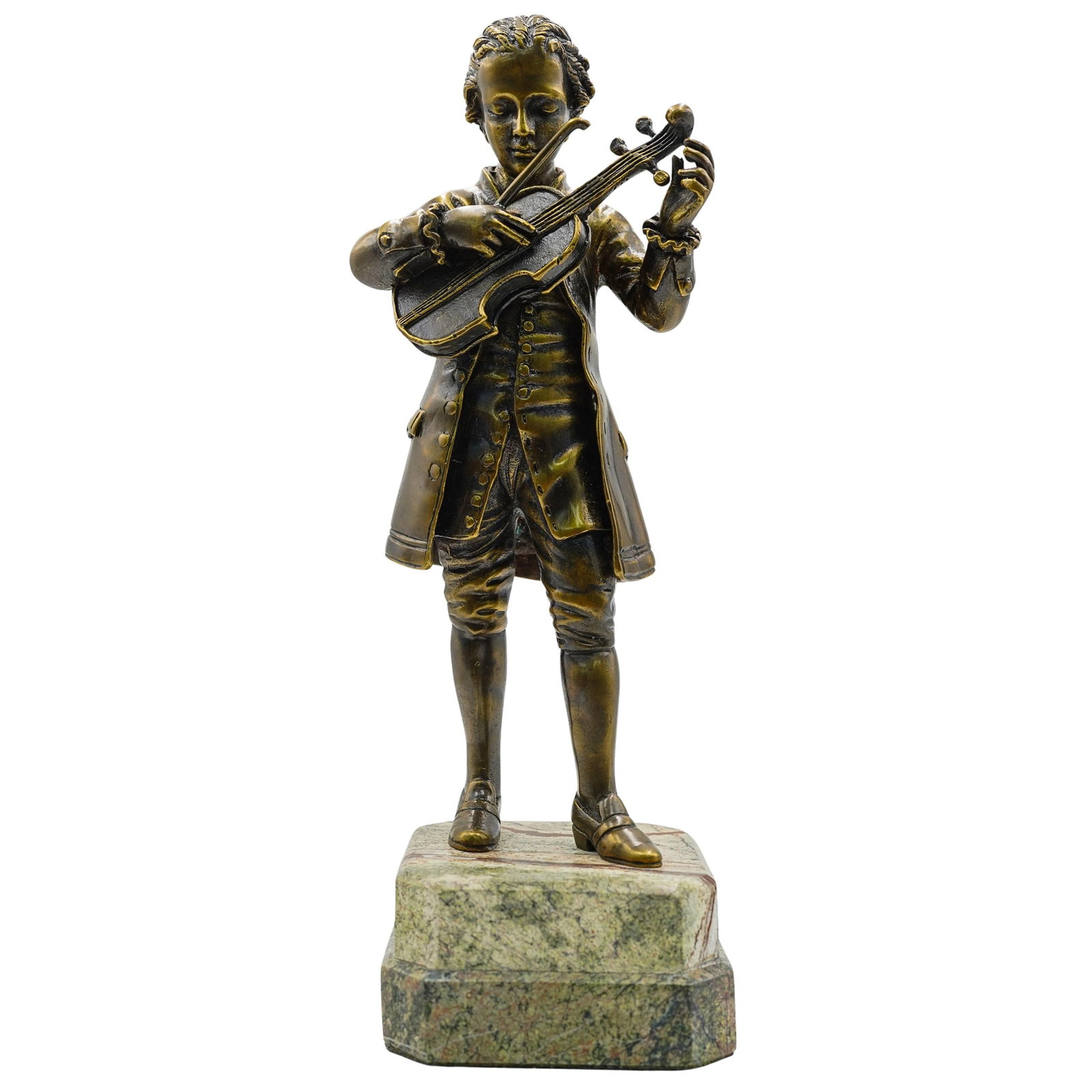 After Jean Louis Gregoire (French, 1840-1890) Mozart Bronze Figure: After Jean Louis Gregoire (French, 1840-1890) Mozart Bronze Figure Late 19th-early 20th century, France Bronze young Mozart figure on a marble base in a style after Jean Louis Gregoire (French, 1840-1