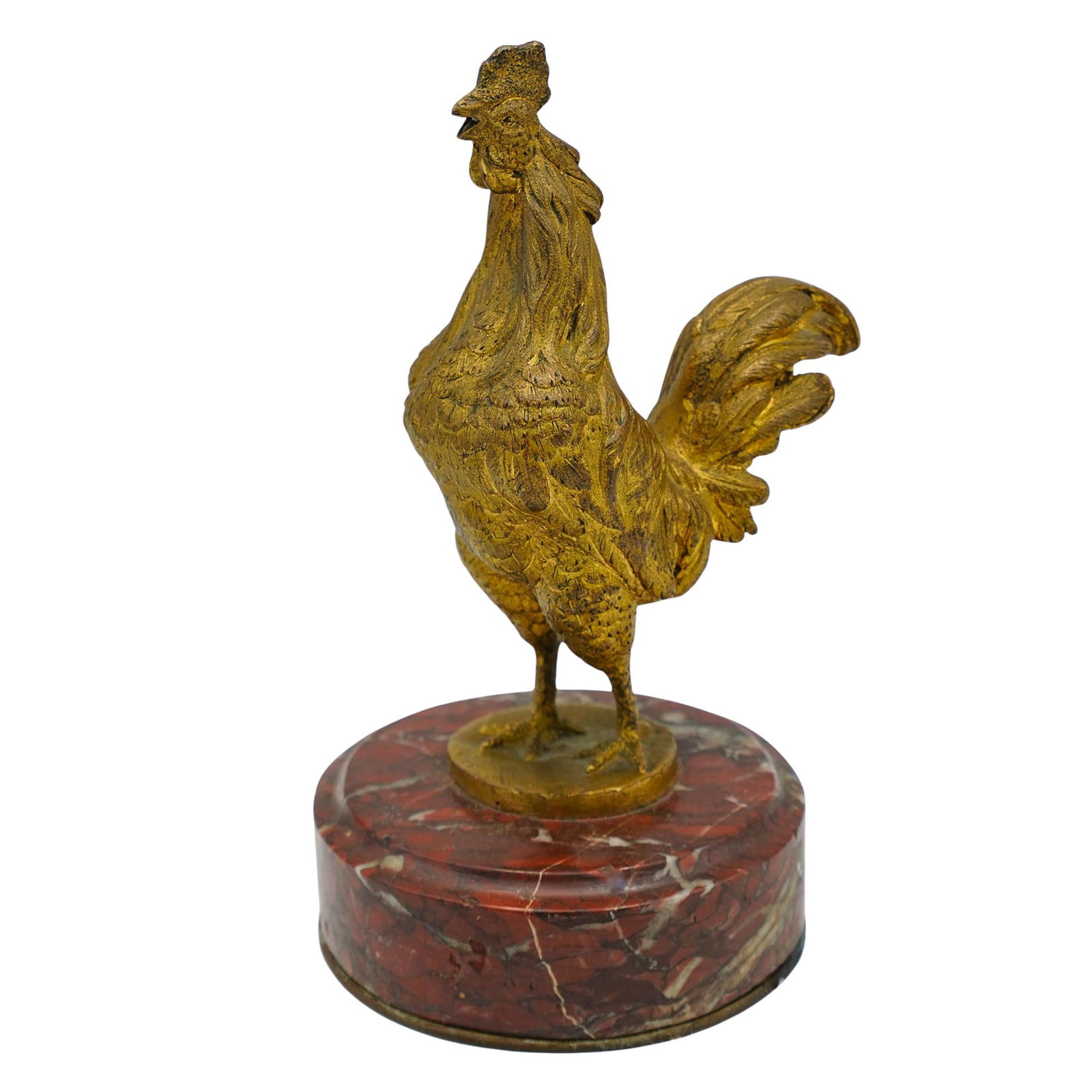 Eduard Drouot "Coq de la Victoire" Bronze Rooster on Rouge Marble: Eduard Drouot "Coq de la Victoire" Bronze Rooster on Rouge Marble20th century, FranceThe rooster's has detailed feathers and form, and it stands on a round, red marble base with a white veined.H: 7" D