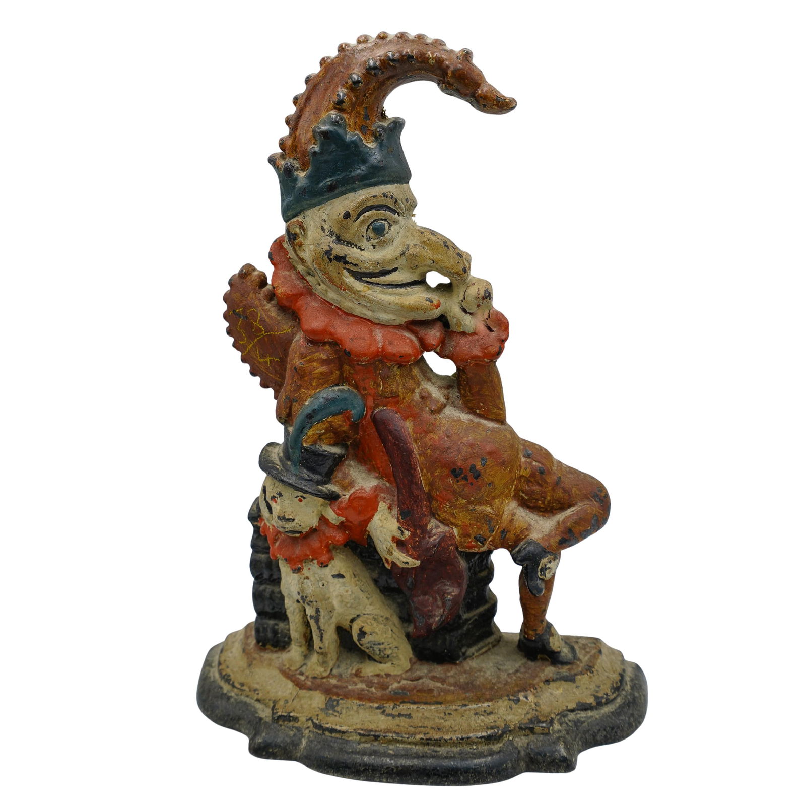 Antique Cast Iron Jester Door Stopper: Antique Cast Iron Jester Door StopperLate 19th-early 20th century, ContinentalCast iron door stopper carved and painted to resemble a court jester. (47)H 12 1/4" W 4" L 9"