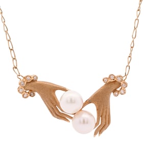 Italian 18k Yellow Gold Diamond and Pearl Pendant Necklace