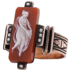 14k Gold Seed Pearl and Coral Intaglio Ring