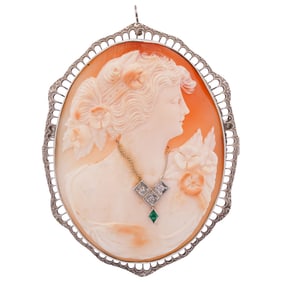 14k White Gold Diamond and Emerald Cameo Brooch