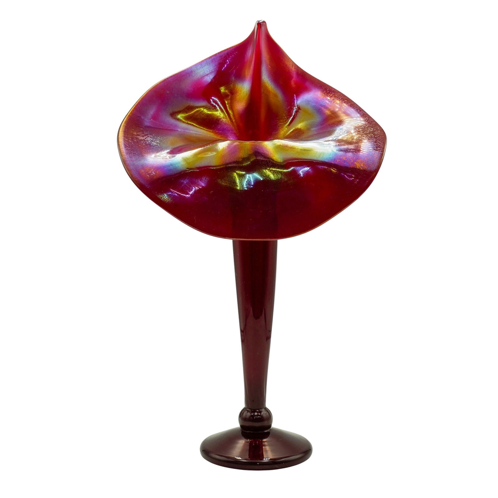 Signed Jack In The Pulpit Iridescent Glass Vase: Signed Jack In The Pulpit Iridescent Glass VaseMid 20th Cent, USAJack In The Pulpit Iridescent Glass Vase features in a burgundy foundation with hints of iridescence, incised along the underside with