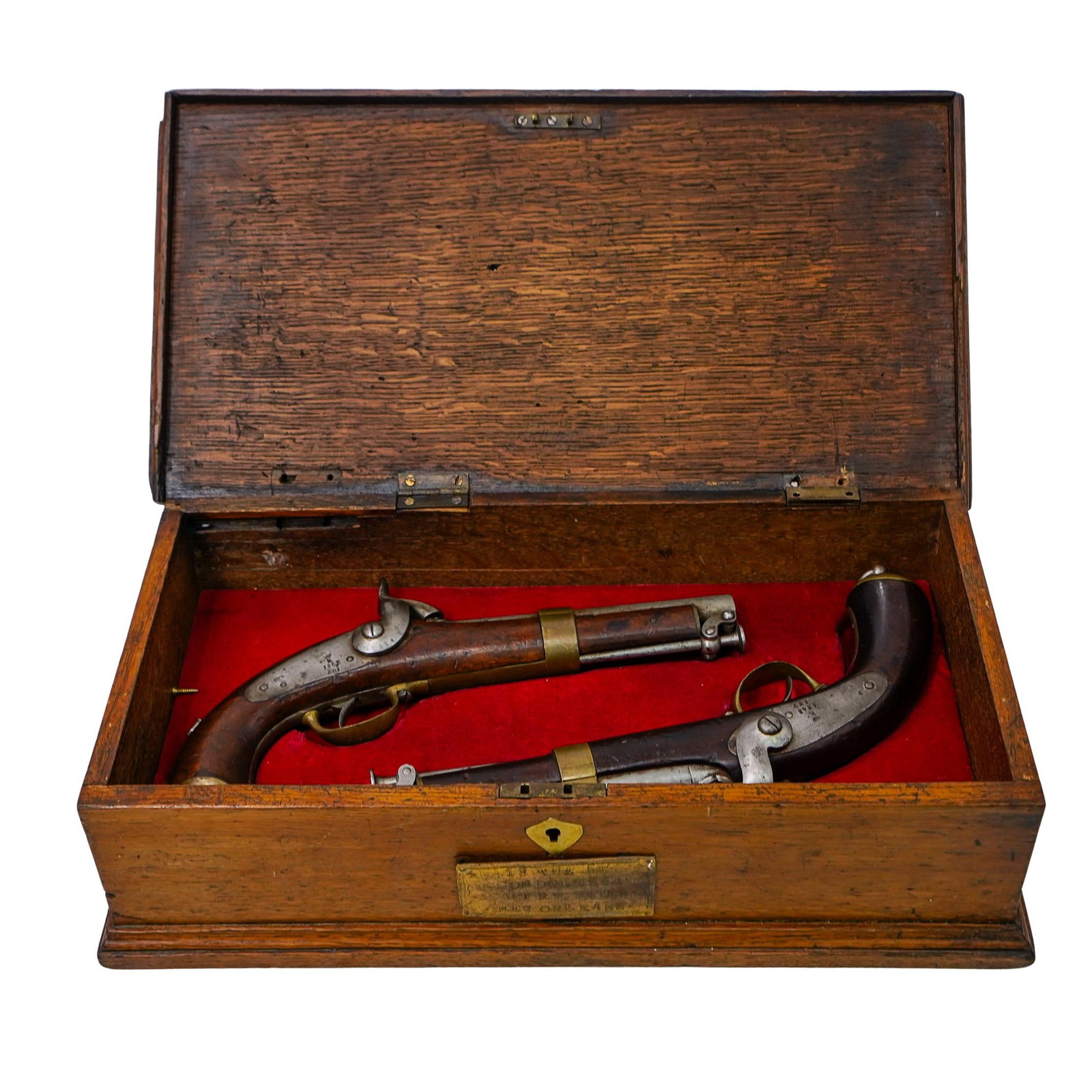 Antique American Naval Precaution Pistols w/ Box: Antique American Naval Precaution Pistols w/ Box 19th century, USA This set features a pair of naval percussion pistols housed in a wooden presentation case lined with red velvet and gilded holders. T