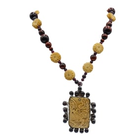 Antique Carved Bone and Amber Beaded Necklace