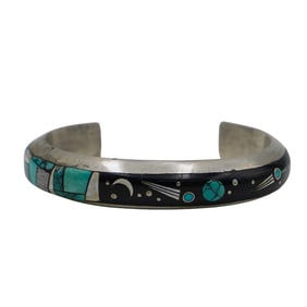 Sterling Silver Navajo Cuff Bracelet w/ Onyx and Turquoise