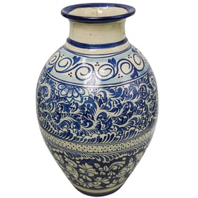 Large Spanish Ceramic Glazed Blue & White Vessel
