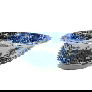 Victoriaware Ironstone Flow Blue Porcelain Wash Basin: Victoriaware Ironstone Flow Blue Porcelain Wash BasinEarly to mid 20th century, EuropeBlue and white "Blue flow" ironstone porcelain wash basin. Painted depictions of city life with foliage, figures,