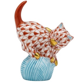 Herend Porcelain Orange Fishnet Pattern Kitten
