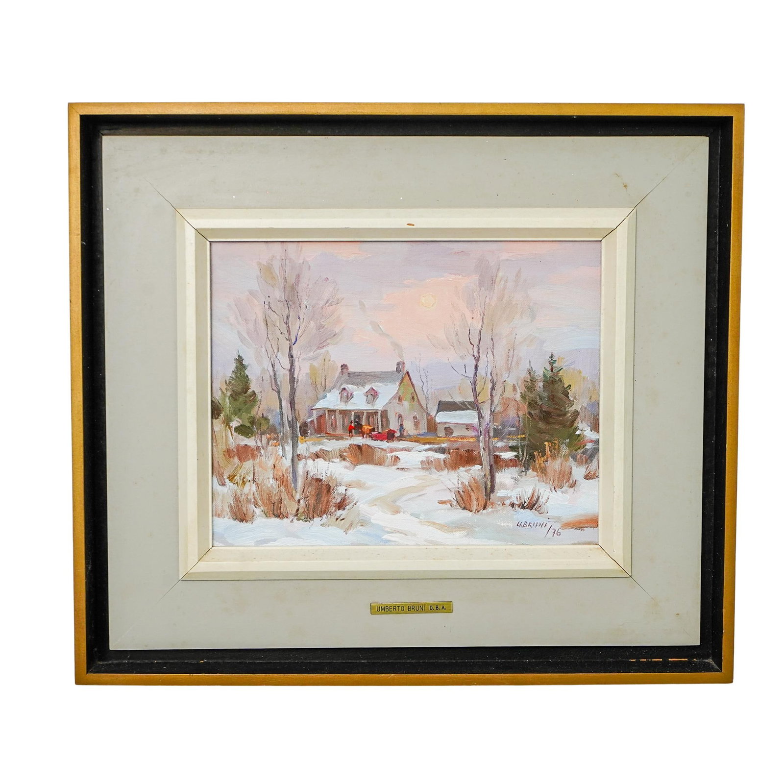 Umberto Bruni (Canadian, 1914-2021) Oil on Board: Umberto Bruni (Canadian, 1914-2021) Oil on Board 1976, Canada This artwork depicts a peaceful rural winter landscape at dusk. A pink sky is lit by a glowing sun or full moon. In the foreground, there 