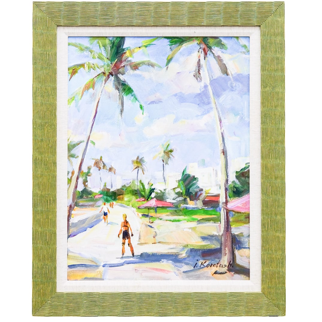 Ihor Korotash (American/Ukrainian born 1957) South Beach Scene Painting: Ihor Korotash (American/Ukrainian born 1957) South Beach Scene Painting 20th to 21st century, USA This oil painting depicts a boardwalk scene possible South beach, featuring tall palm trees, a sky wit