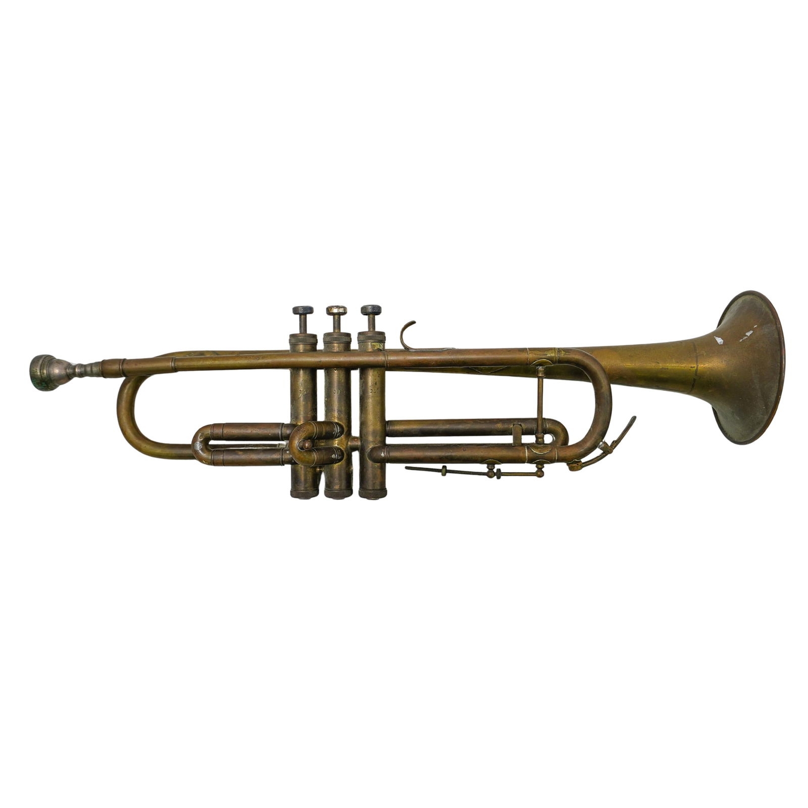 Antique Brass Trumpet: Antique Brass Trumpet19th century, ContinetalAntique brass trumpet. Marked on side MR 8057.L 20 1/2" W 5 3/4" Diameter of bell 4 1/2"
