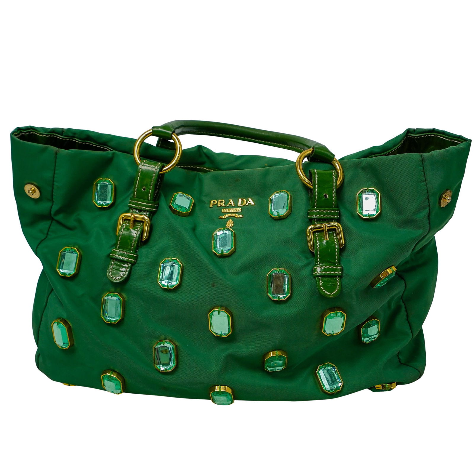 Prada Green Embellished Tote Handbag: Prada Green Embellished Tote Handbag21st CenturyPrada green and multi embellished tote handbag. Green nylon fabric and jewel-embellished tote bag with Prada gold characteristic hardware and signature.