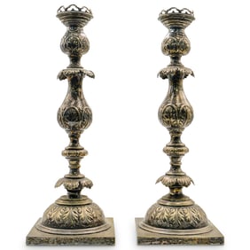 Pair of Antique Joseph Fraget Silver Plated Holloware Candlesticks