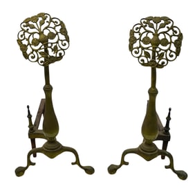 Pair of Antique Brass Andirons with Pierced Design