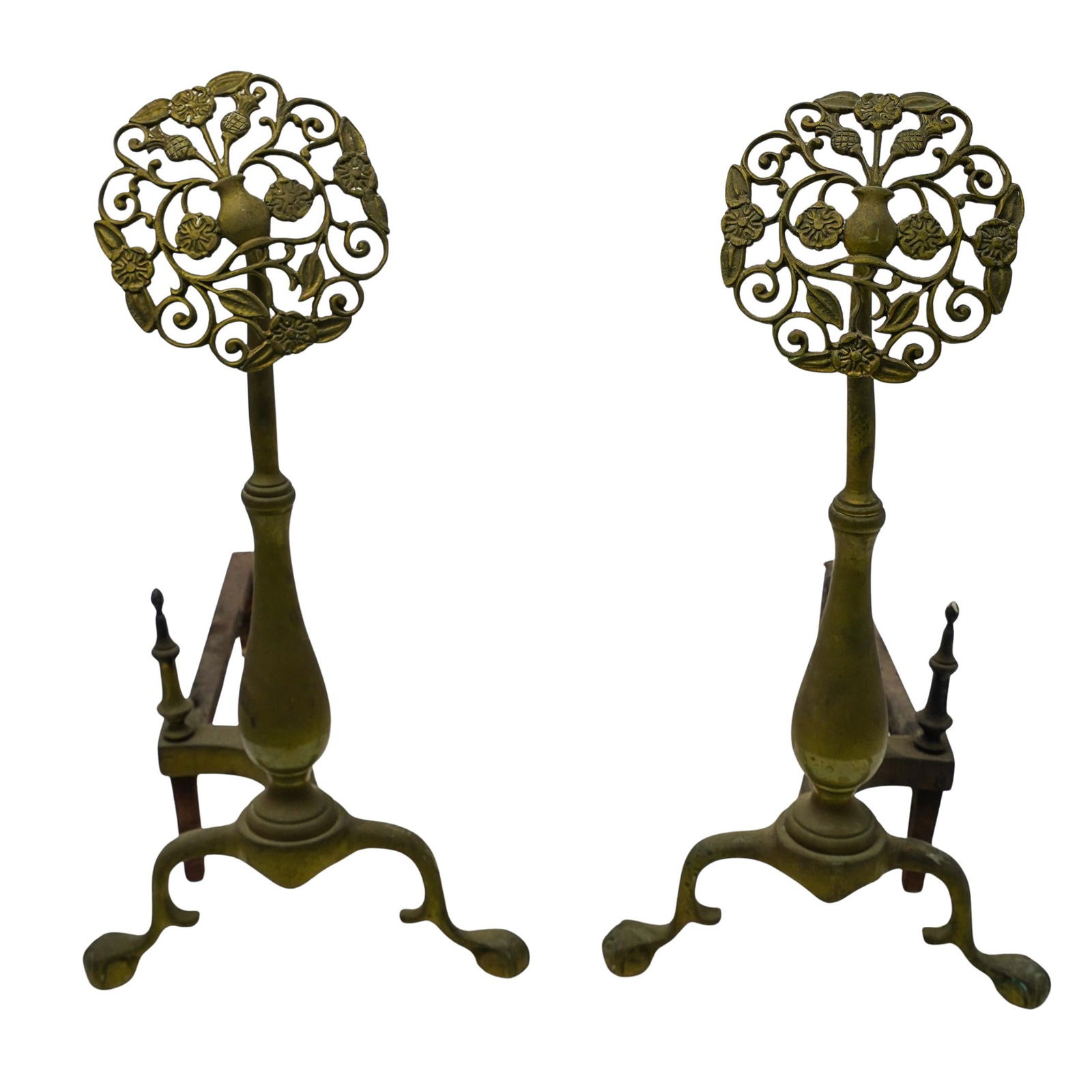 Pair of Antique Brass Andirons with Pierced Design (1 of 8)