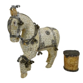 (2 Pcs) Carved Bone and Silver Horse with Filigree Box