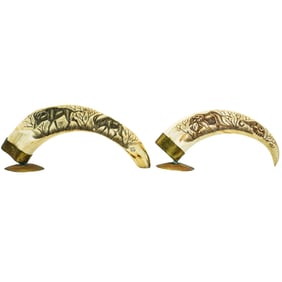 Pair of African Carved Warthog Tusk