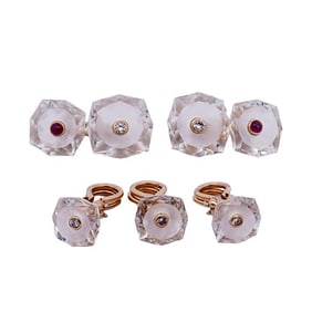 (5 Pc) 14k Gold Rock Crystal and Diamond Mens Evening Set