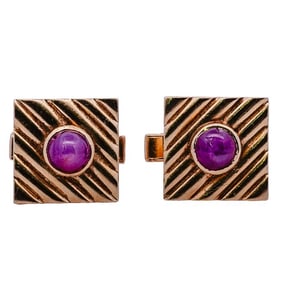 Pair Of 14k Gold and Ruby Cabochon Cufflinks