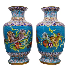 Pair Of Large Chinese Cloisonne Dragon Vases