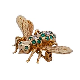 14k Gold Emerald and Diamond Bee Brooch