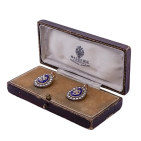 Faberge 14k Gold Enamel and Diamond Earrings, Alfred Thielemann