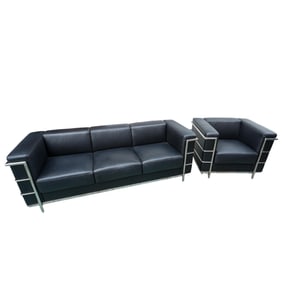 (2 Pc) Le Corbusier Style Chrome And Leather Armchair And Couch